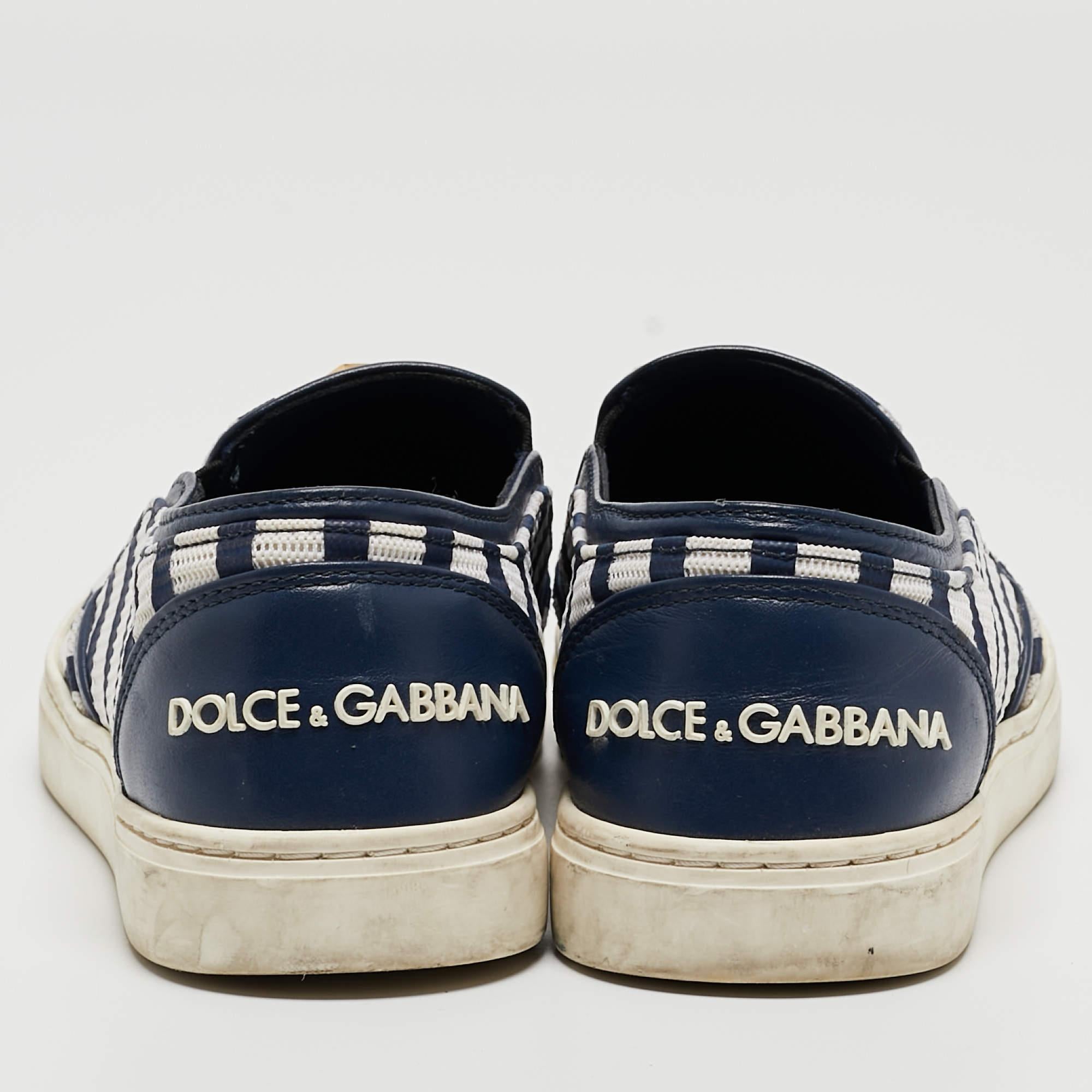 Women's Dolce & Gabbana White/Blue Mesh and Leather Studded Slip On Sneakers Size 36 For Sale