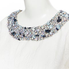 DOLCE GABBANA white brocade blue silver jewel embellished collar dress IT36 XS