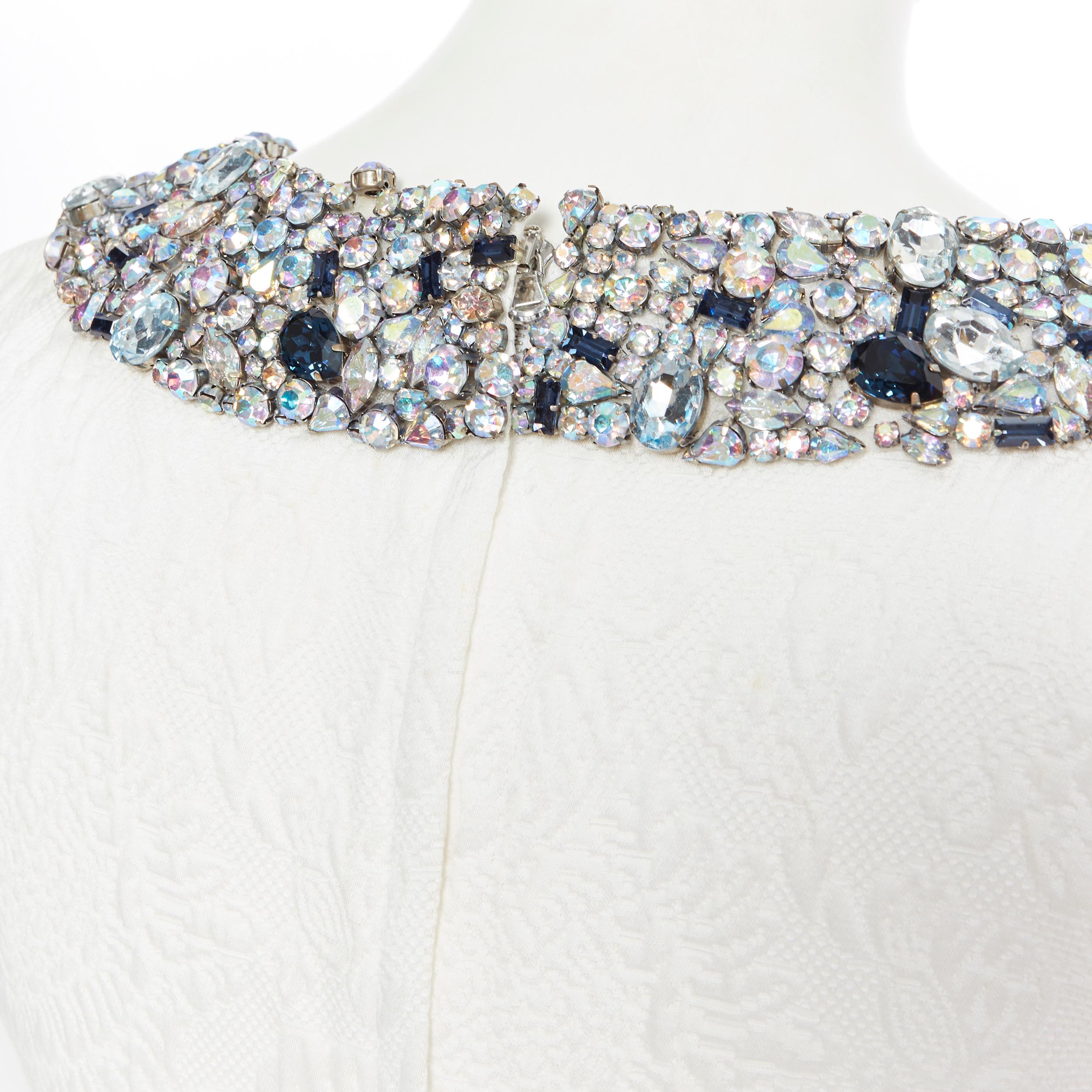 DOLCE GABBANA white brocade blue silver jewel embellished collar dress IT36 XS 1