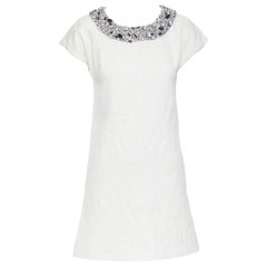 DOLCE GABBANA white brocade blue silver jewel embellished collar dress IT36 XS