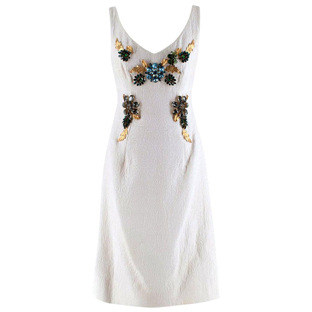 Dolce & Gabbana White Brocade Floral Crystal Embellished Dress - Size US 6 For Sale