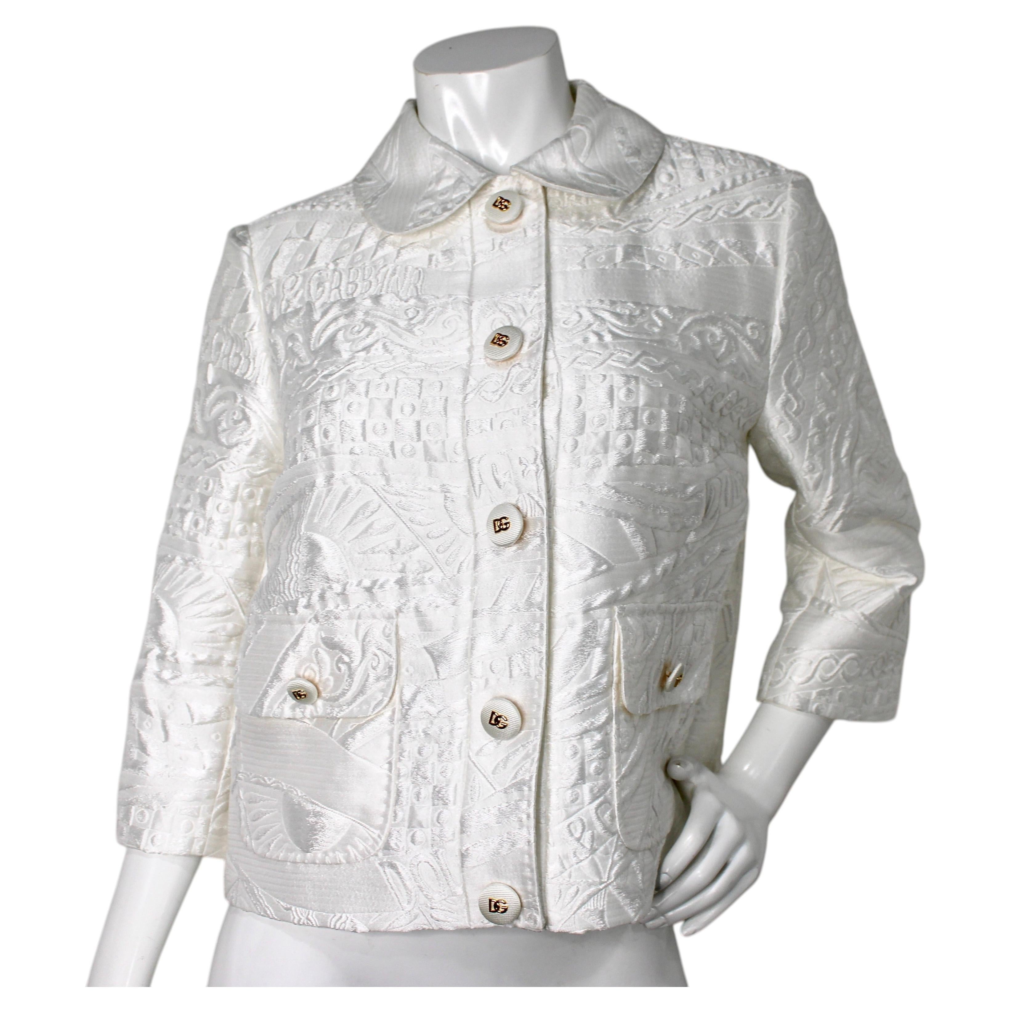 Dolce & Gabbana White Brocade Peter Pan Collar Jacket For Sale