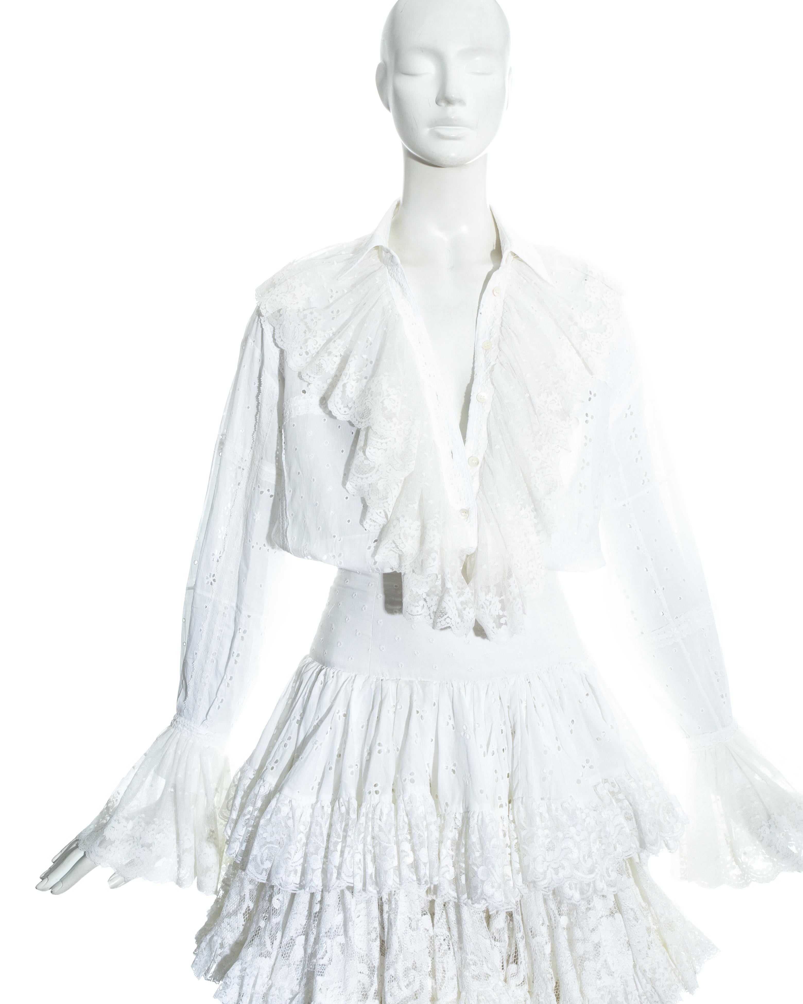 Gray Dolce & Gabbana white broderie anglaise and lace skirt and blouse, ss 1993 For Sale