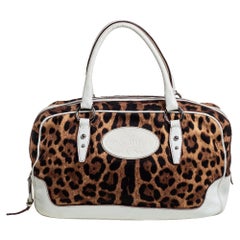 Dolce 
Gabbana White Brown Animal Print Canvas and Leather Satchel