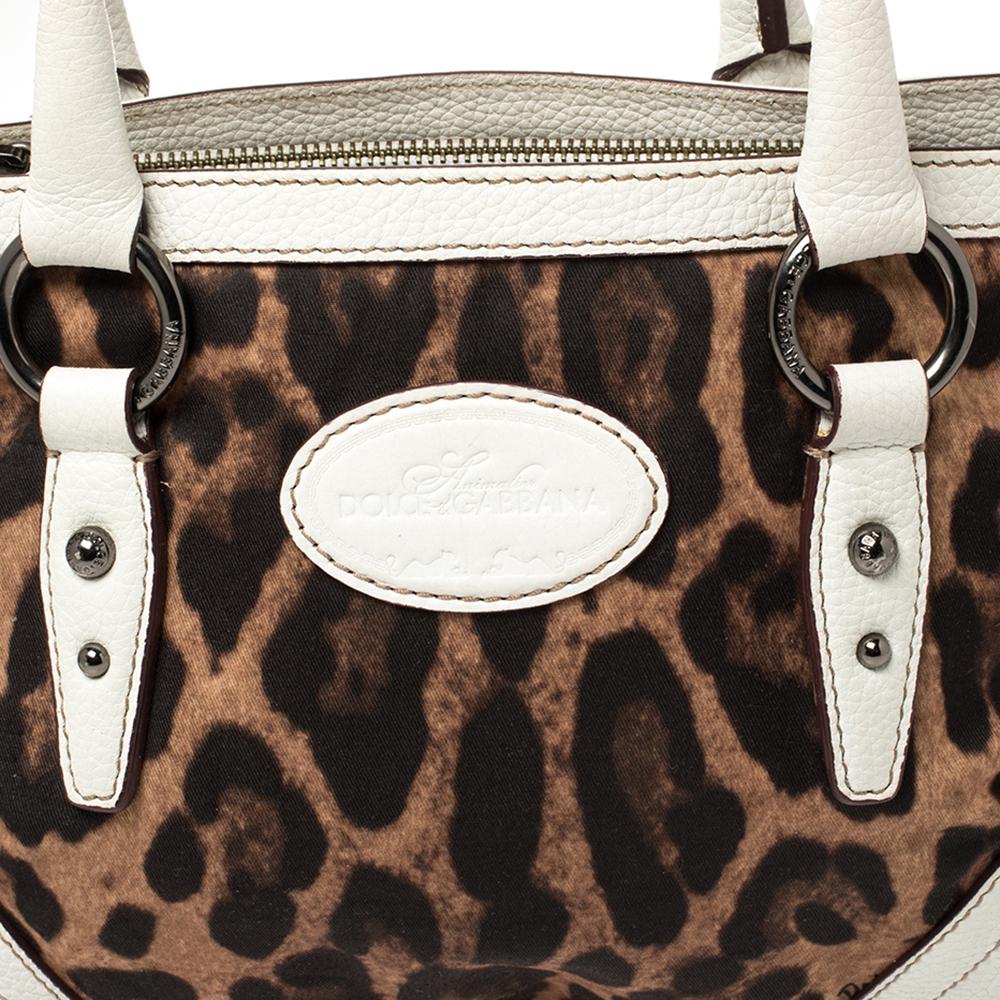 Dolce & Gabbana White/Brown Animal Print Fabric and Leather Satchel For Sale 2
