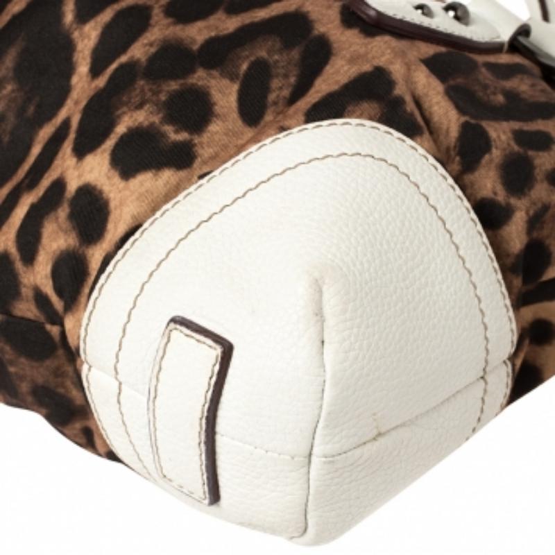 Dolce & Gabbana White/Brown Animal Print Fabric and Leather Satchel In Fair Condition For Sale In Dubai, Al Qouz 2