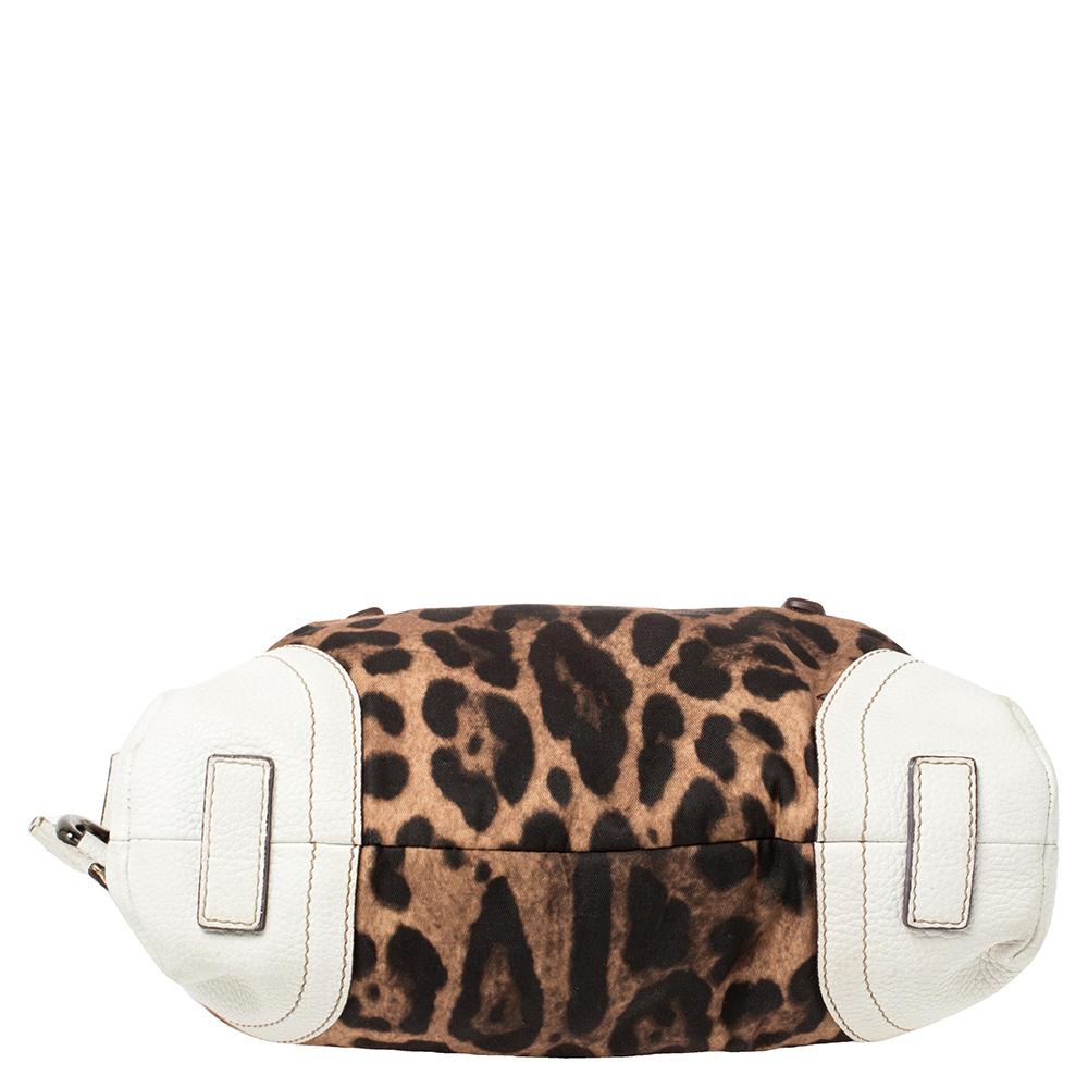 Beige Dolce & Gabbana White/Brown Animal Print Fabric and Leather Satchel For Sale