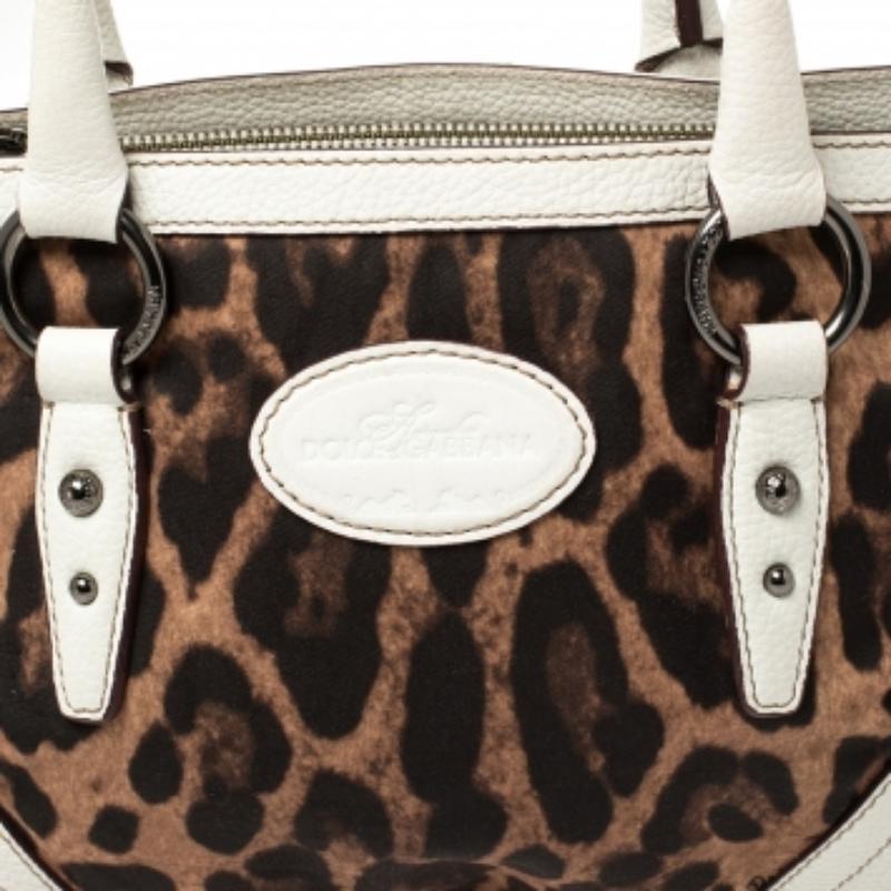 Dolce & Gabbana White/Brown Animal Print Fabric and Leather Satchel For Sale 4