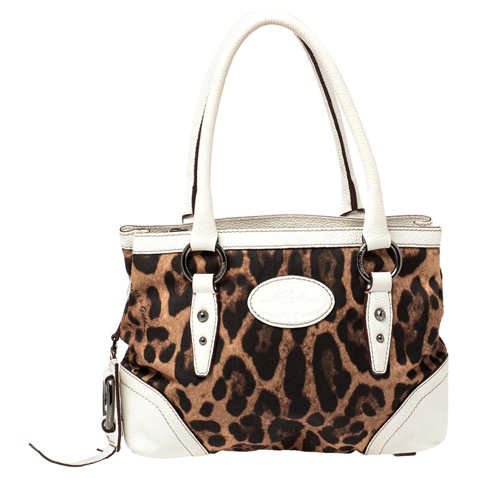 Dolce & Gabbana White/Brown Animal Print Fabric and Leather Satchel For Sale