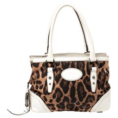 Dolce & Gabbana White/Brown Animal Print Fabric and Leather Satchel