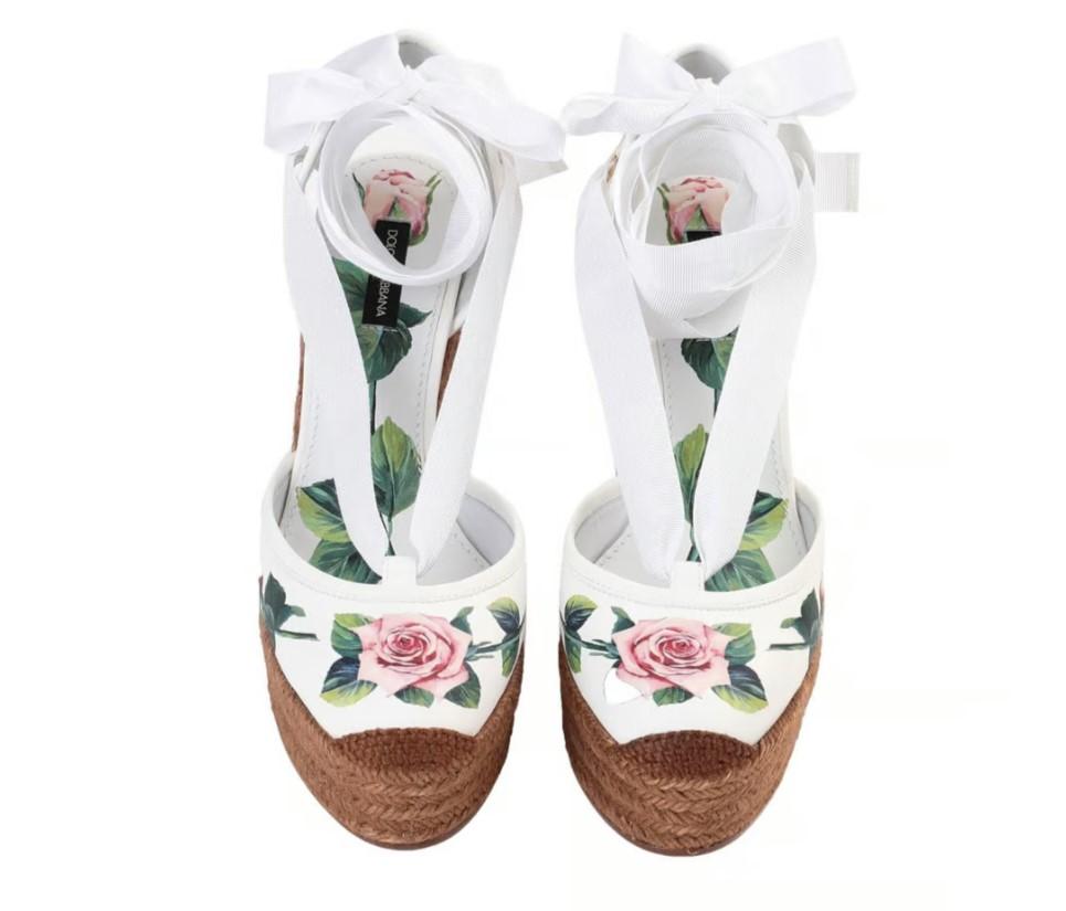 Dolce & Gabbana White Brown Cloth Tropical Rose Pumps Shoes Heels Wedge Sandals In New Condition In WELWYN, GB