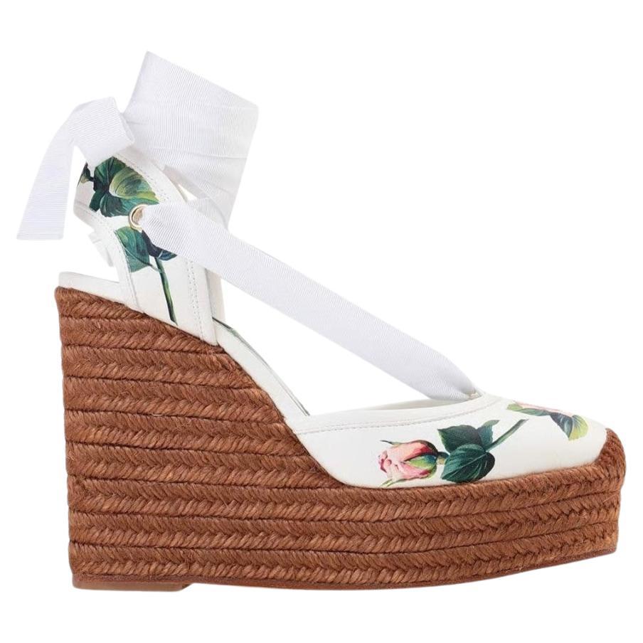 Dolce & Gabbana White Brown Cloth Tropical Rose Pumps Shoes Heels Wedge Sandals