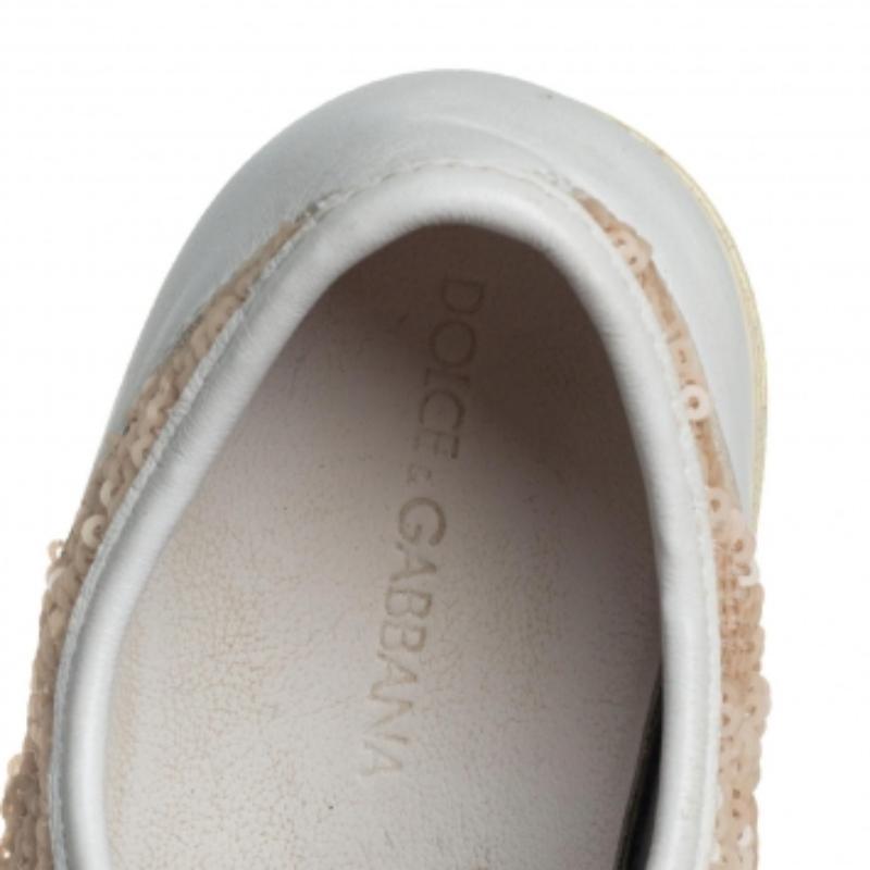 Beige Dolce &Gabbana White/Brown Leather Sequin Embellished Sneakers Size 34 For Sale