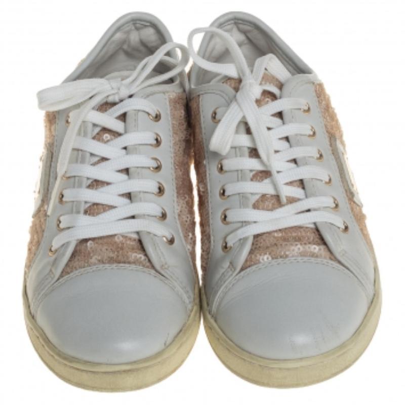 Dolce &Gabbana White/Brown Leather Sequin Embellished Sneakers Size 34 For Sale 1