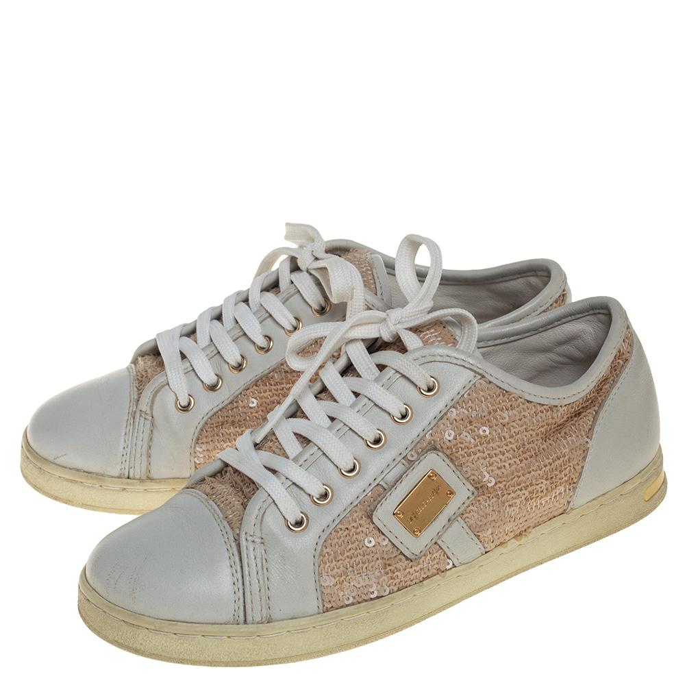 Women's Dolce &Gabbana White/Brown Leather Sequin Embellished Sneakers Size 34 For Sale