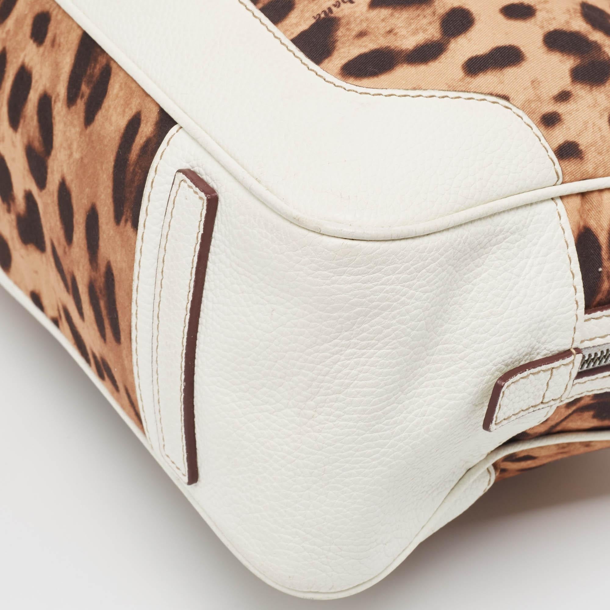 Dolce & Gabbana White/Brown Leopard Print Canvas and Leather Logo Satchel In Good Condition For Sale In Dubai, Al Qouz 2