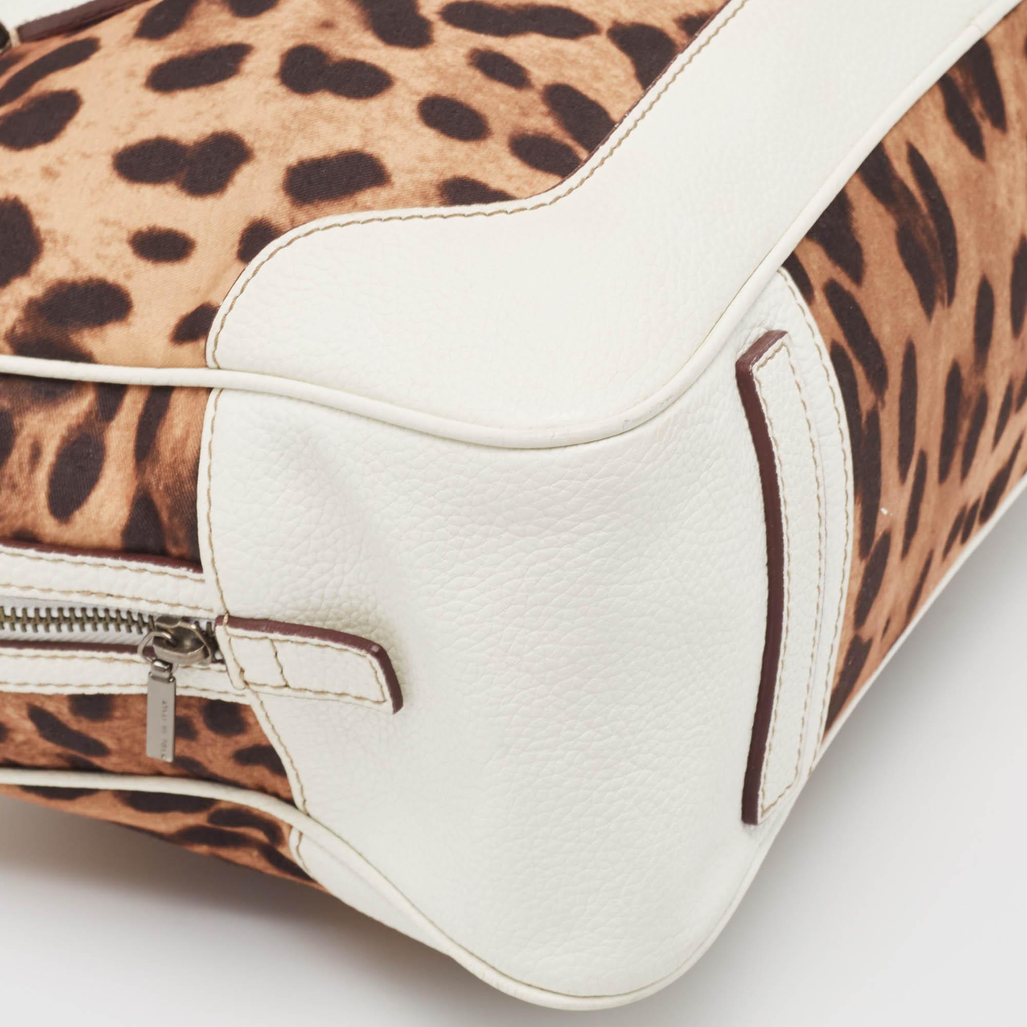 Women's Dolce & Gabbana White/Brown Leopard Print Canvas and Leather Logo Satchel For Sale