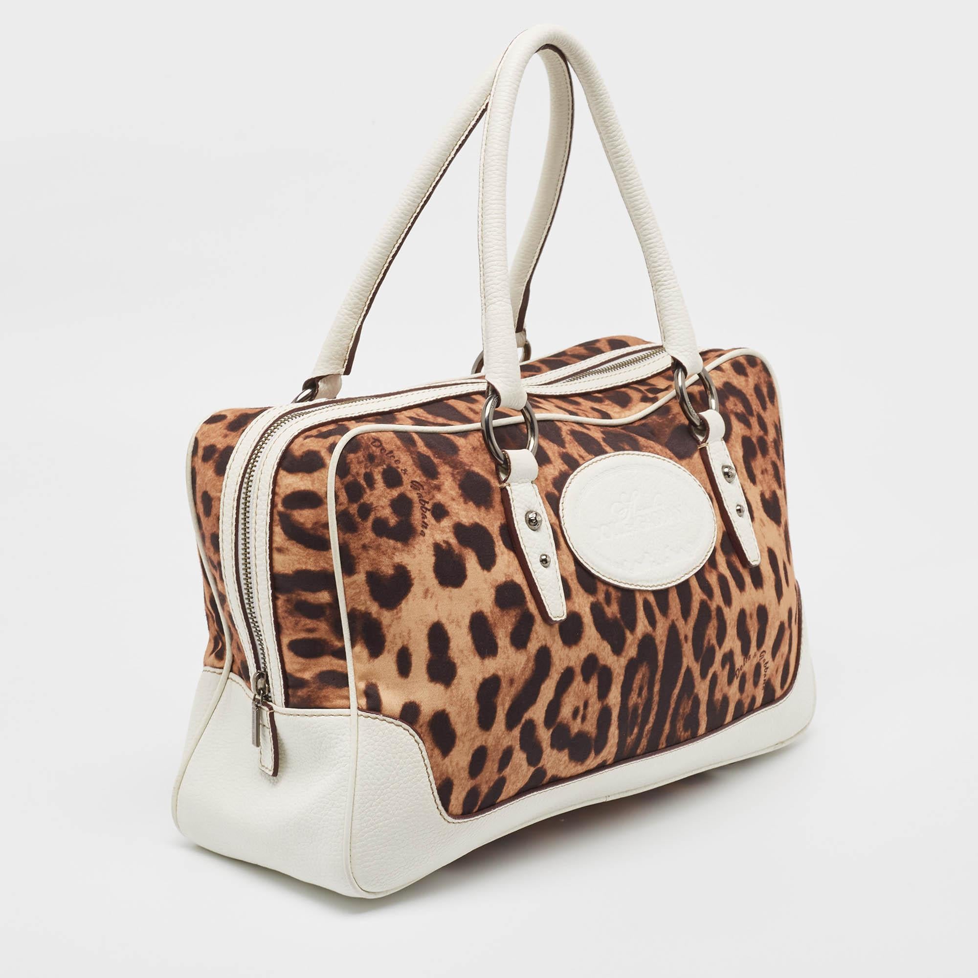 Dolce & Gabbana White/Brown Leopard Print Canvas and Leather Logo Satchel For Sale 2