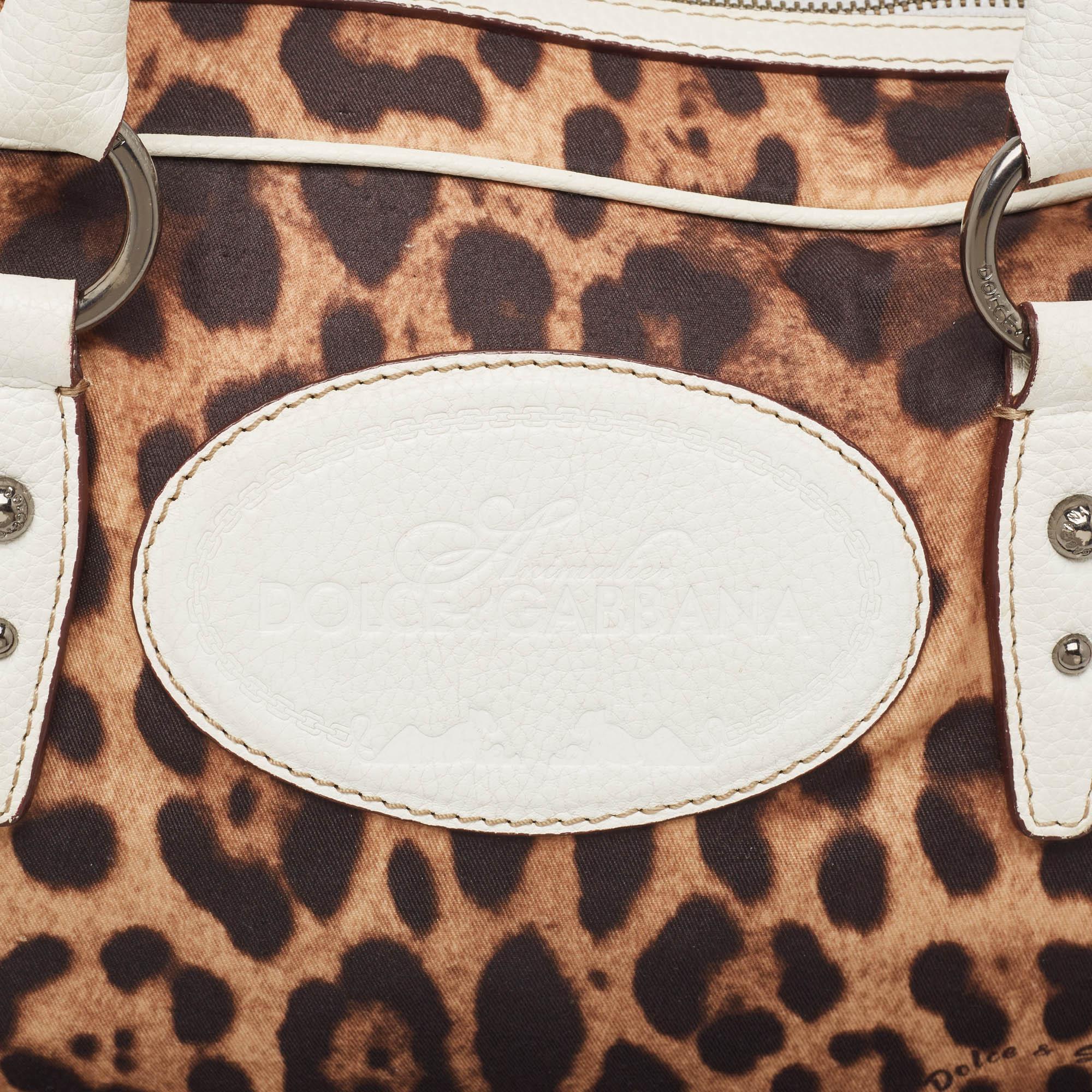 Dolce & Gabbana White/Brown Leopard Print Canvas and Leather Logo Satchel For Sale 3