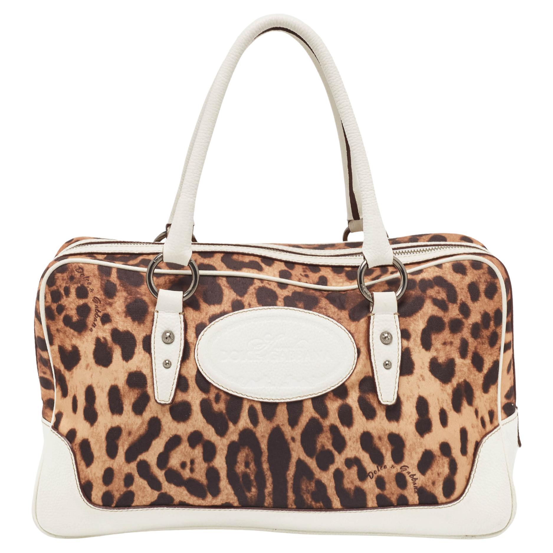 Dolce & Gabbana White/Brown Leopard Print Canvas and Leather Logo Satchel For Sale