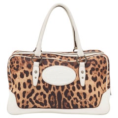 Used Dolce & Gabbana White/Brown Leopard Print Canvas and Leather Logo Satchel