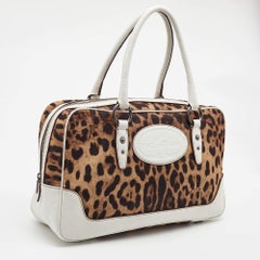 Dolce & Gabbana White/Brown Leopard Print Fabric and Leather Animalier Satchel