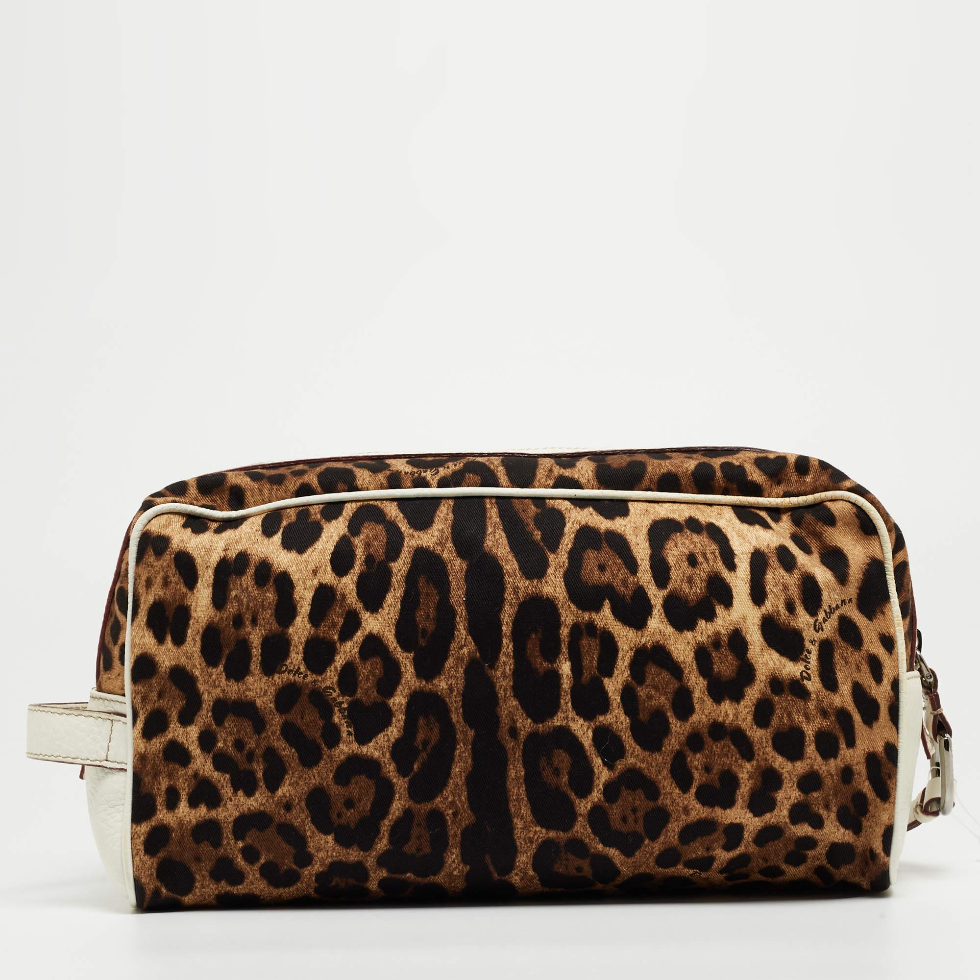 Dolce & Gabbana White/Brown Leopard Print Fabric and Leather Cosmetic Pouch 7