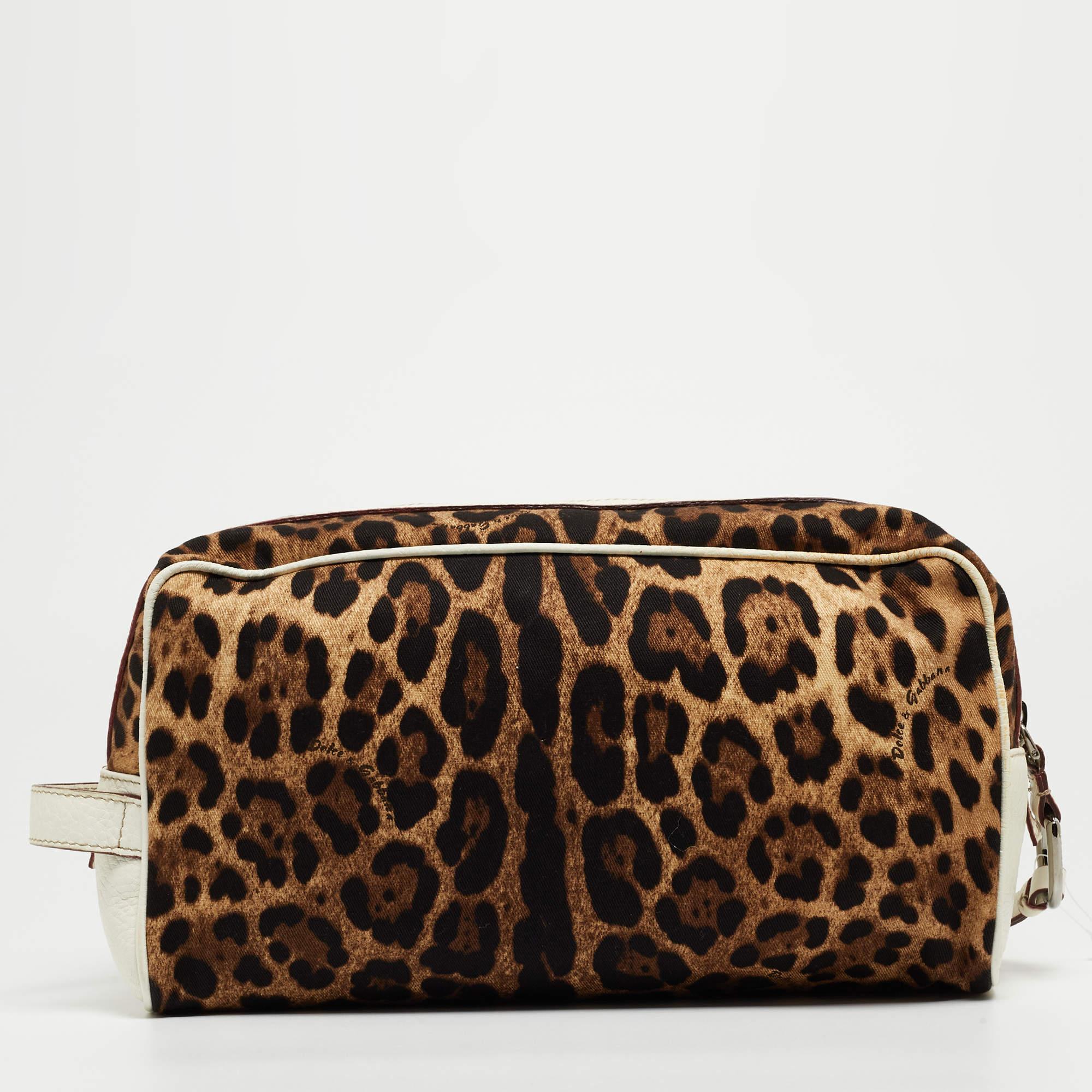 Dolce & Gabbana White/Brown Leopard Print Fabric and Leather Cosmetic Pouch For Sale 8