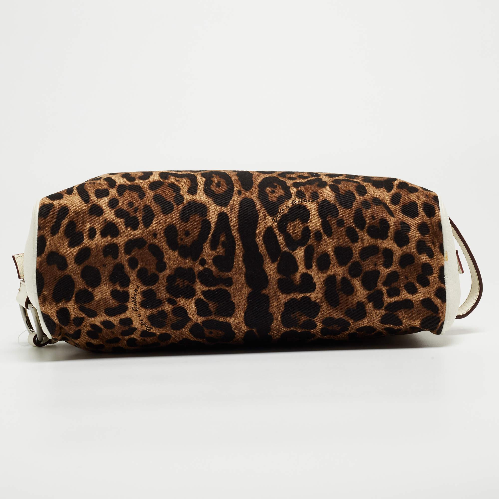 Dolce & Gabbana White/Brown Leopard Print Fabric and Leather Cosmetic Pouch For Sale 9