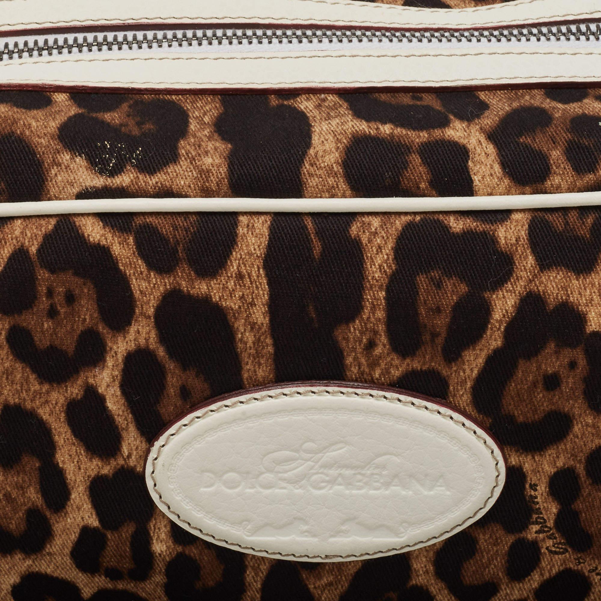 Dolce & Gabbana White/Brown Leopard Print Fabric and Leather Cosmetic Pouch For Sale 1