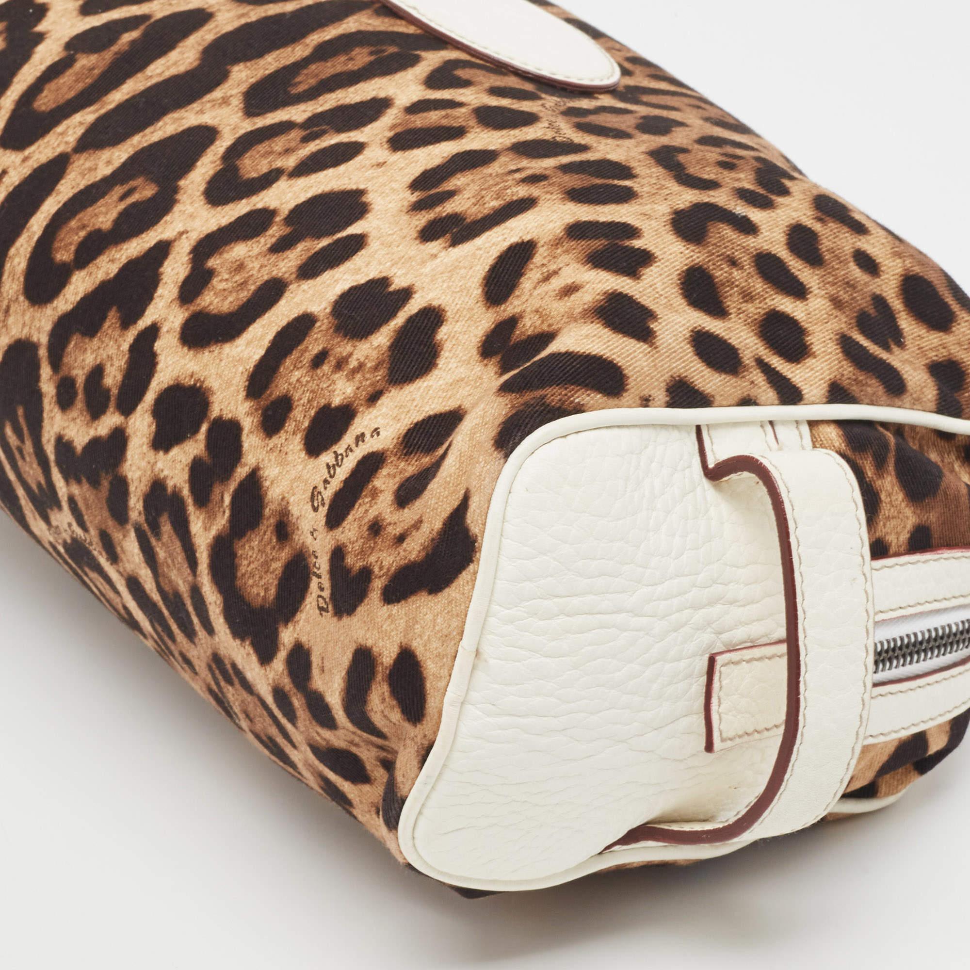 Dolce & Gabbana White/Brown Leopard Print Fabric and Leather Cosmetic Pouch For Sale 4