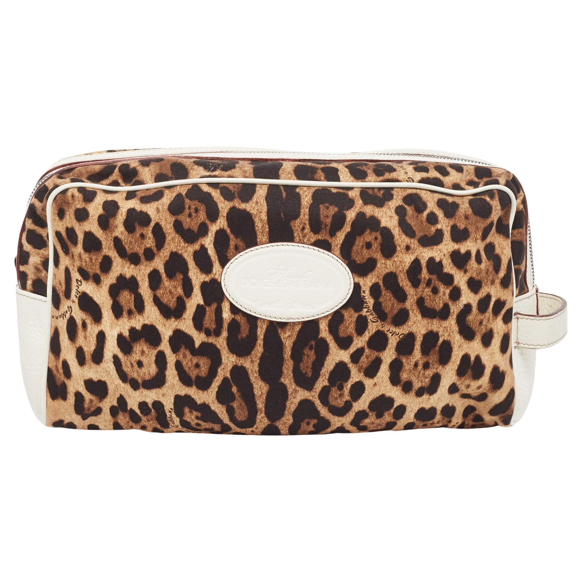 Dolce & Gabbana White/Brown Leopard Print Fabric and Leather Cosmetic Pouch For Sale