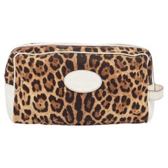 Dolce & Gabbana White/Brown Leopard Print Fabric and Leather Cosmetic Pouch