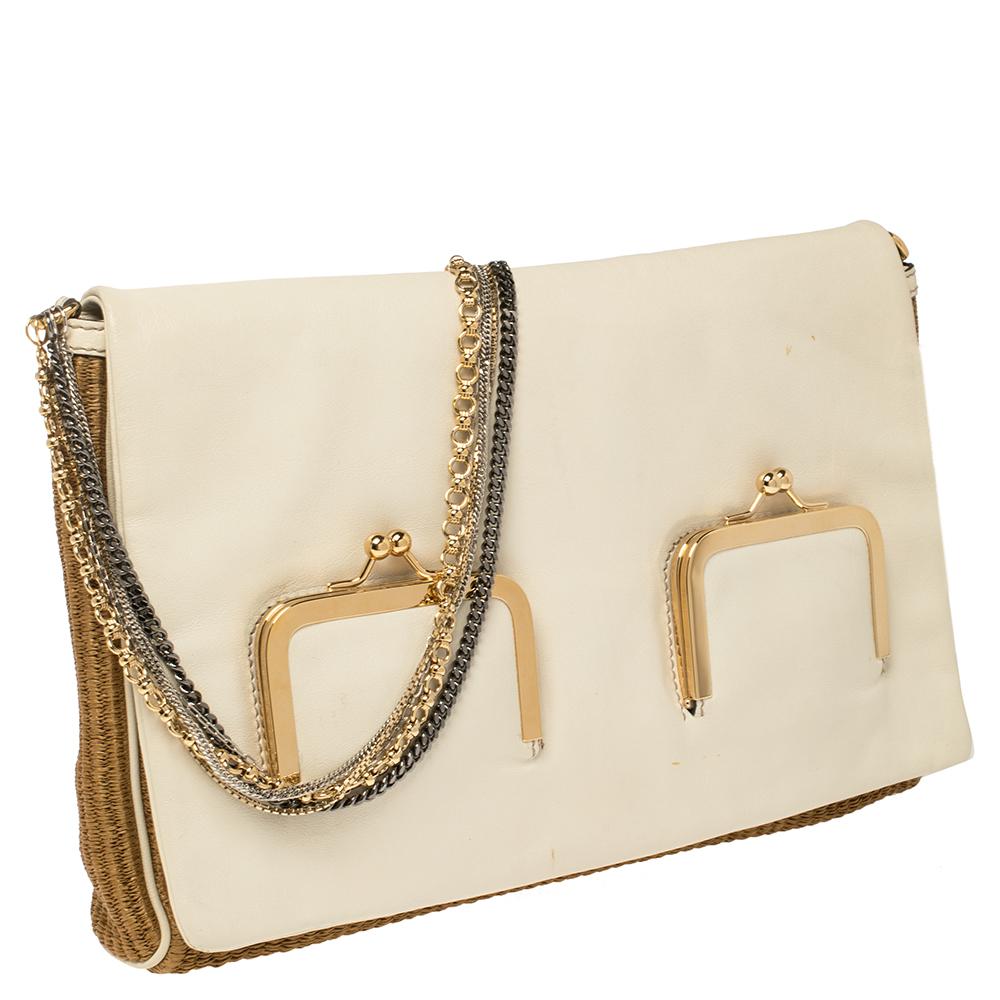 Women's Dolce & Gabbana White/Brown Raffia and Leather Chain Shoulder Bag