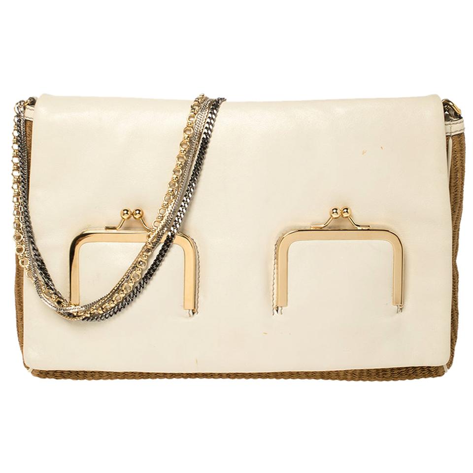 Dolce & Gabbana White/Brown Raffia and Leather Chain Shoulder Bag