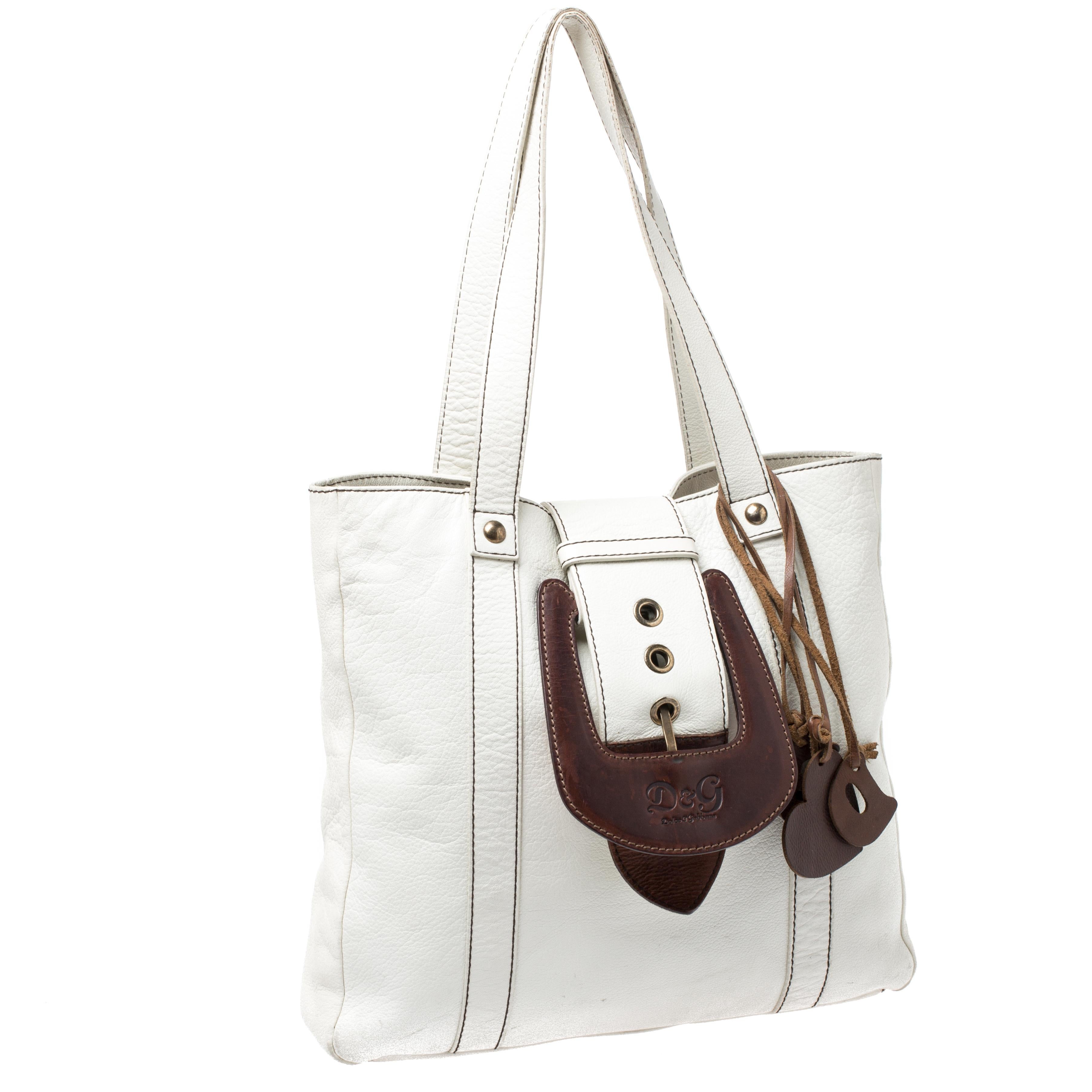 Gray Dolce & Gabbana White/Buckle Leather Buckle Tote For Sale