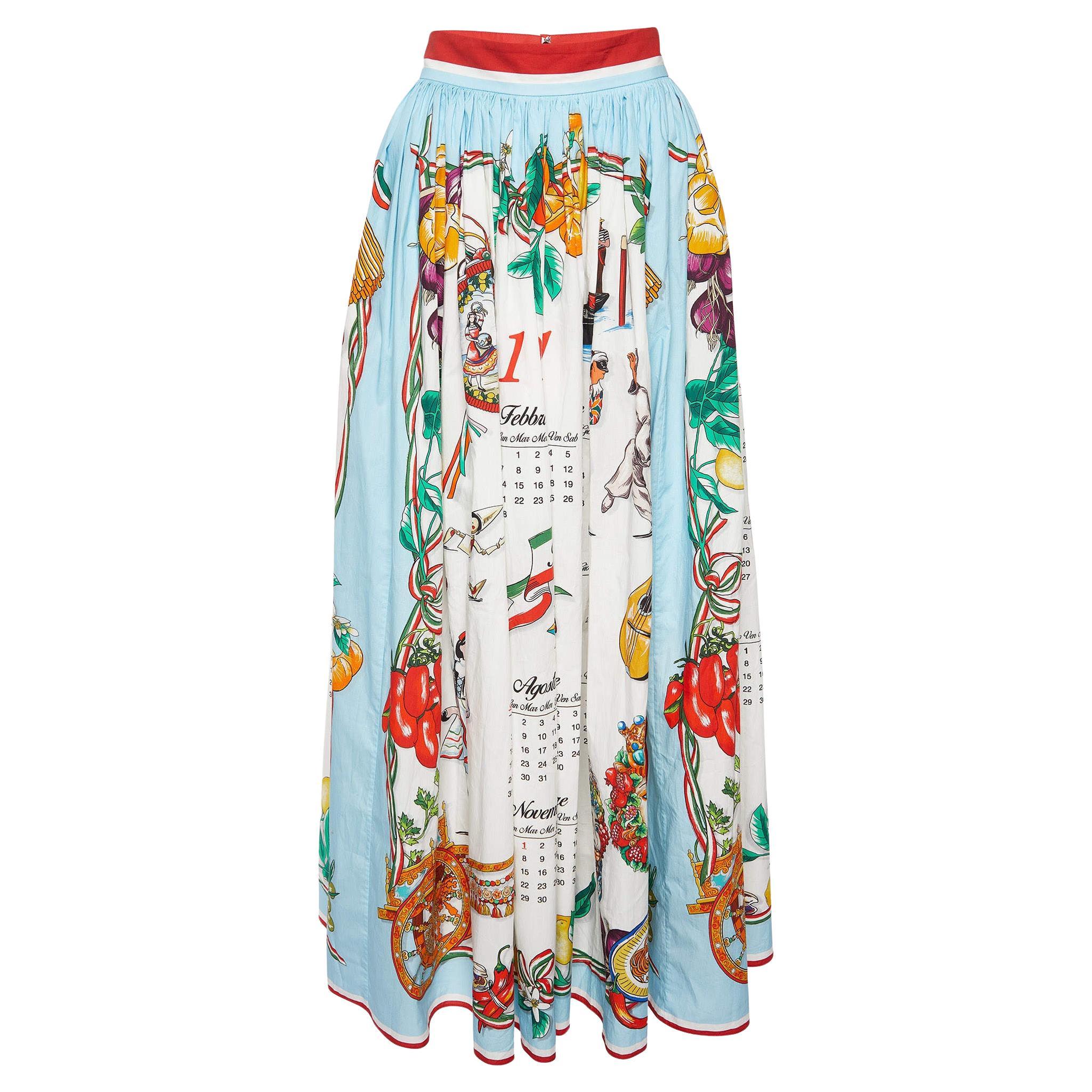 Dolce & Gabbana White Calendar Print Cotton Gathered Maxi Skirt M