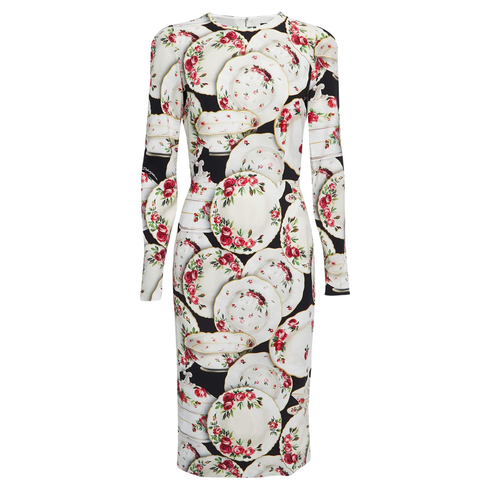 Dolce 
Gabbana White China Plate Printed Crepe Sheath Midi Dress M