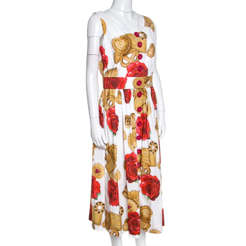 Dolce & Gabbana White Cookie And Floral Print Cotton Sleeveless Dress L In Good Condition In Dubai, Al Qouz 2
