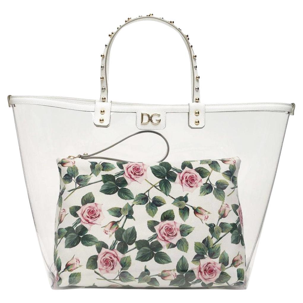 Dolce & Gabbana White Cotton Beatrice Tropical Rose Handbag Shopping Bag Tote