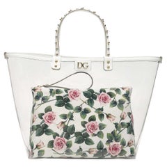 Dolce & Gabbana White Cotton Beatrice Tropical Rose Handbag Shopping Bag Tote