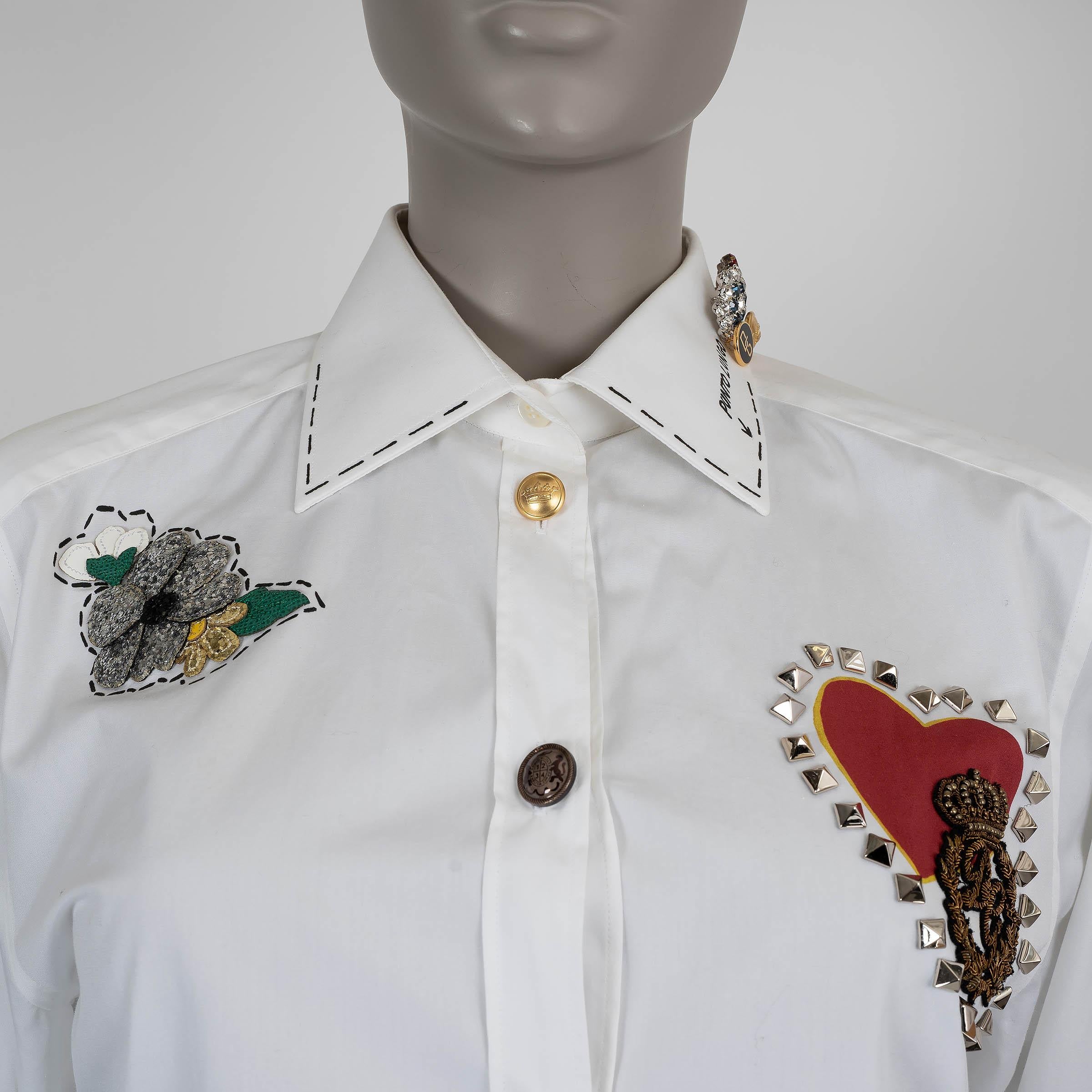 Women's DOLCE & GABBANA white cotton CRYSTAL & EMBOIRDERED Poplin Shirt 40 S For Sale