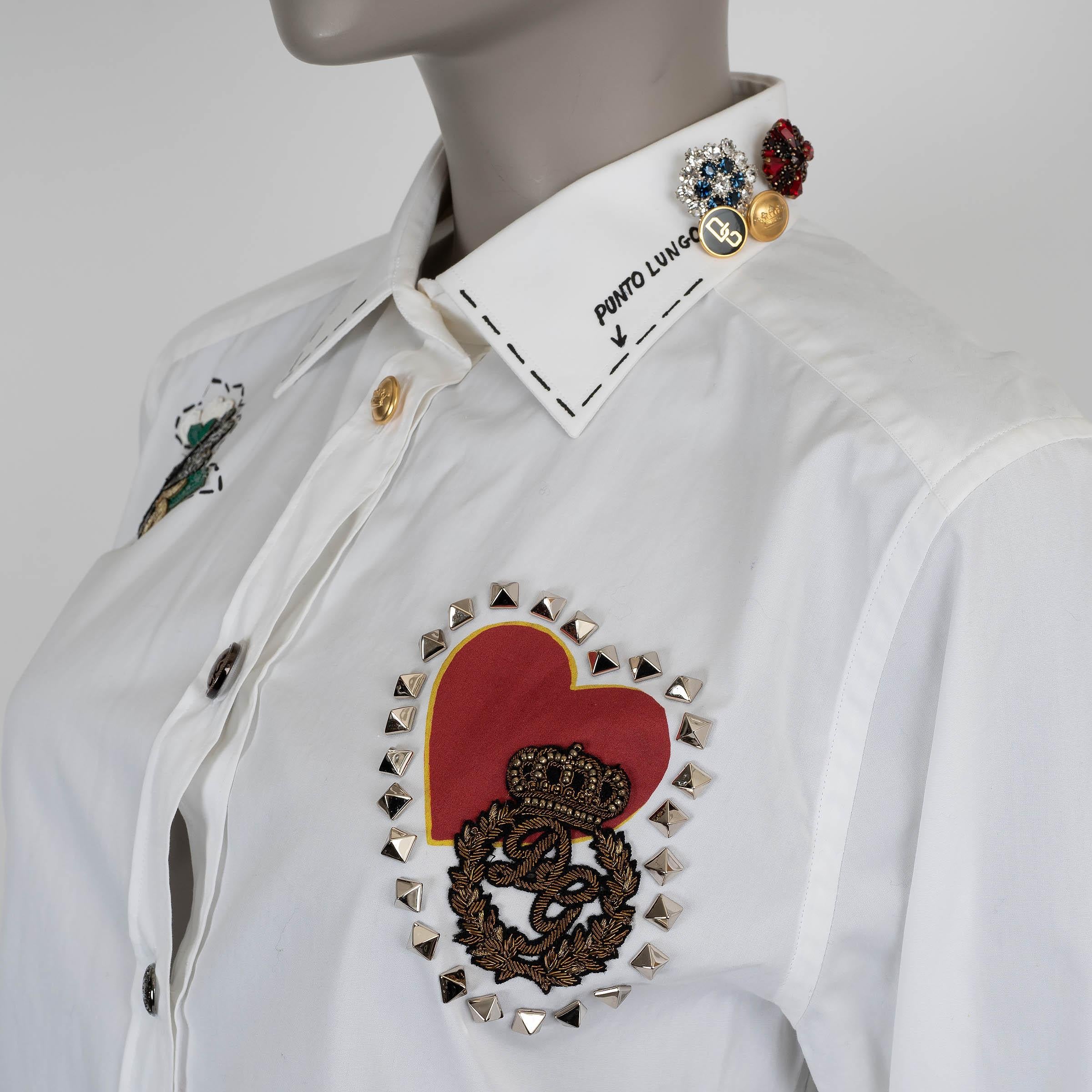 DOLCE & GABBANA white cotton CRYSTAL & EMBOIRDERED Poplin Shirt 40 S For Sale 1