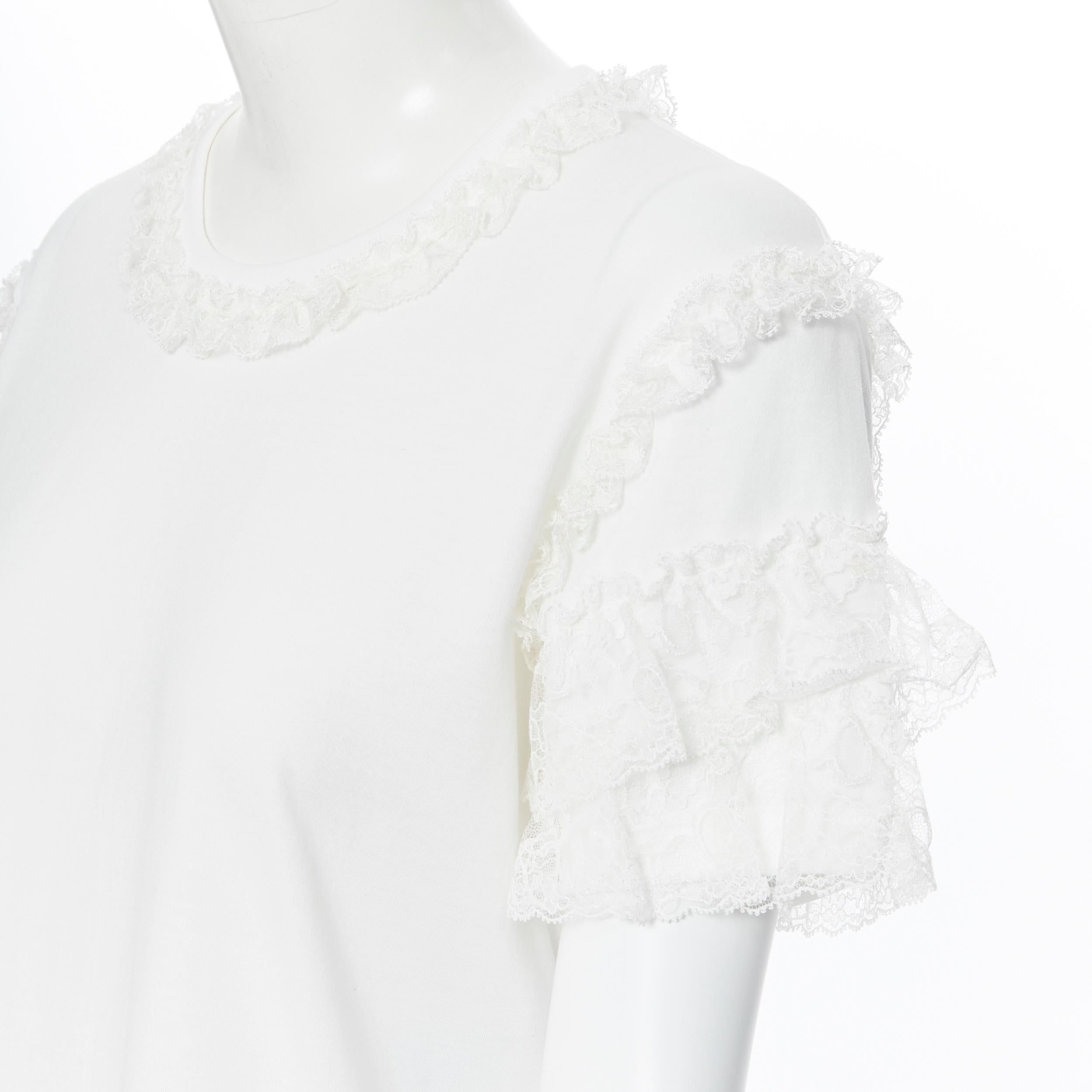 DOLCE GABBANA white cotton floral lace ruffle short sleeve t-shirt top IT40 In Excellent Condition In Hong Kong, NT