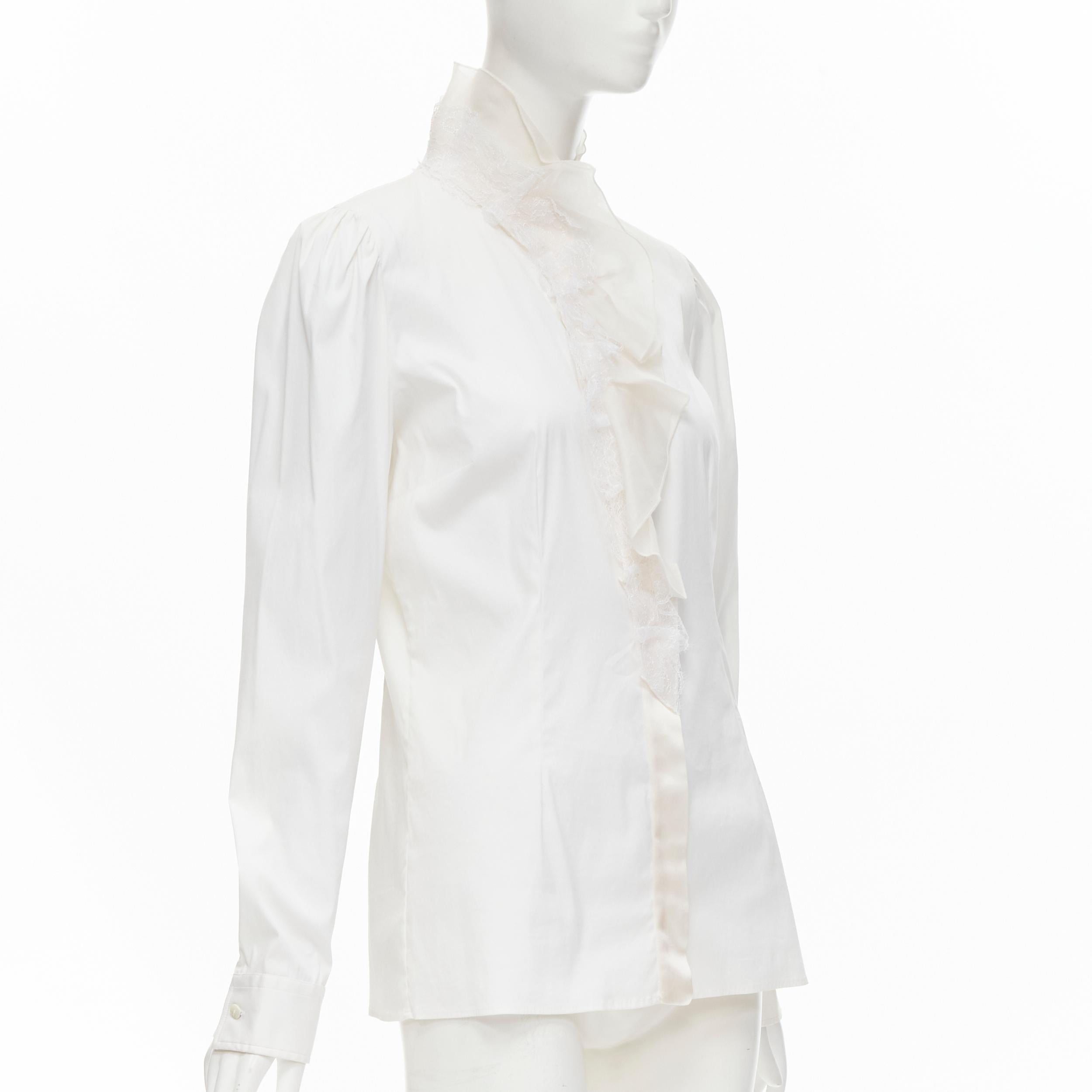 Gray DOLCE GABBANA white cotton lace ruffle collar puff sleeve shirt IT44 M
