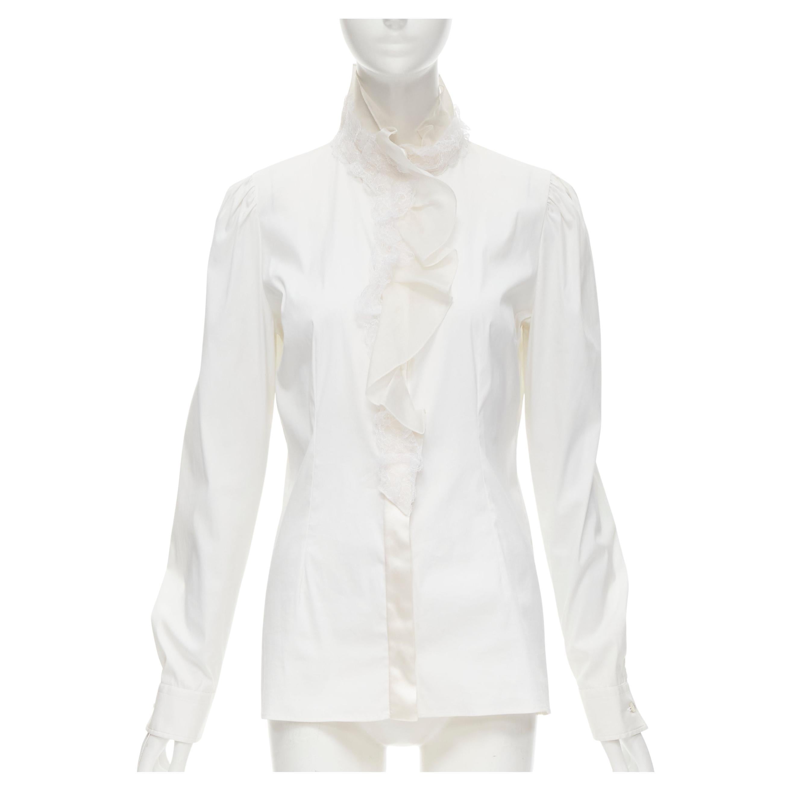 DOLCE GABBANA white cotton lace ruffle collar puff sleeve shirt IT44 M