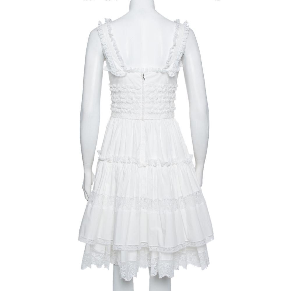 Gray Dolce & Gabbana White Cotton Lace Trim Detail Tiered Mini Dress S