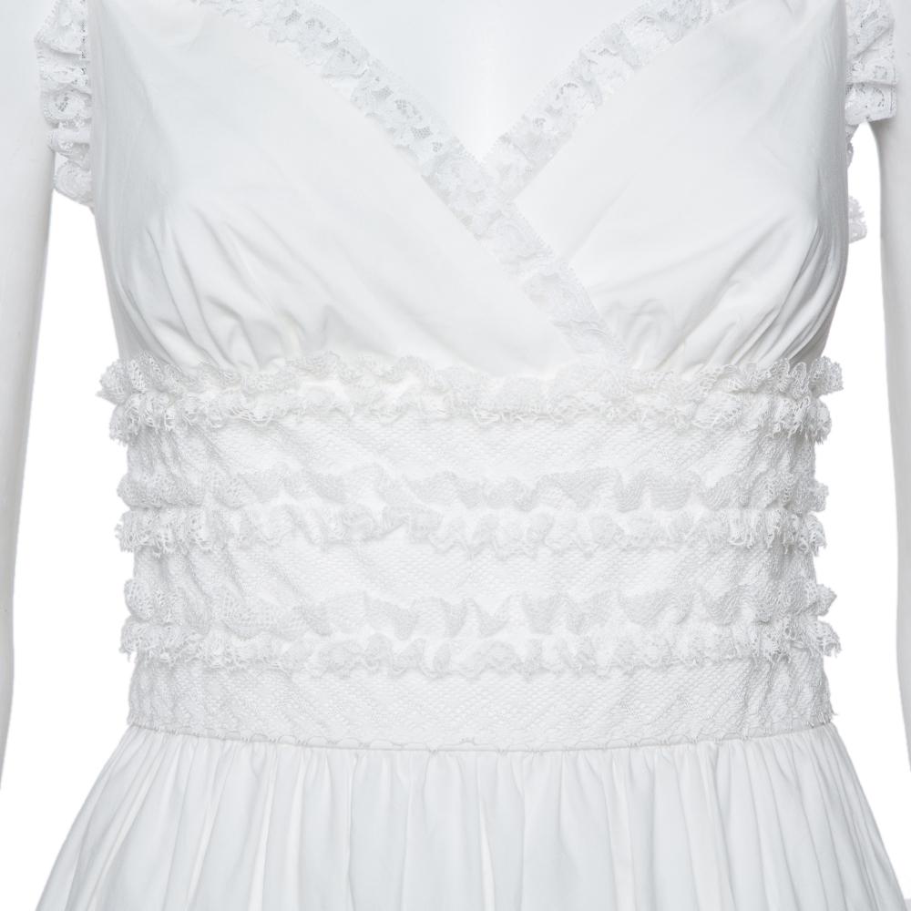 Dolce & Gabbana White Cotton Lace Trim Detail Tiered Mini Dress S In Excellent Condition In Dubai, Al Qouz 2