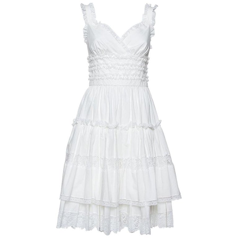 Dolce and Gabbana White Cotton Lace Trim Detail Tiered Mini Dress S at ...