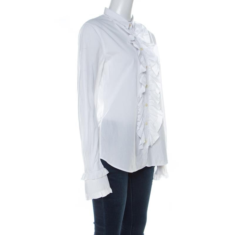 Gray Dolce & Gabbana White Cotton Poplin Ruffled Detail Button Front Shirt M